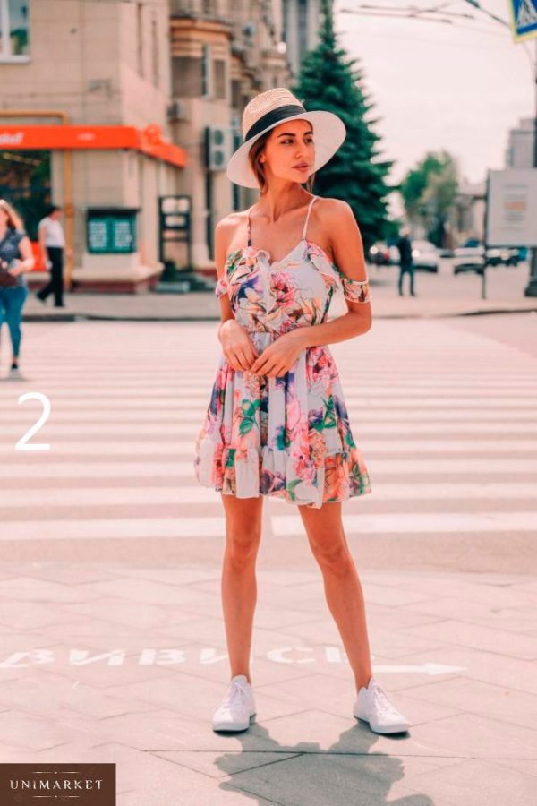 Купить в интернет-магазине женское летнее платье с цветочным принтом на бретельках из шифона недорого