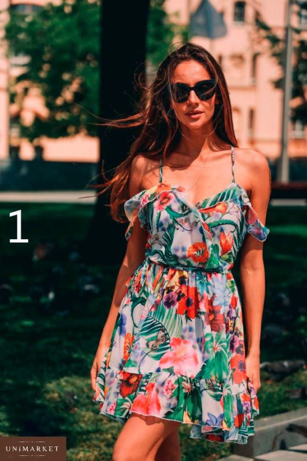 Придбати дешево жіночу сукню з шифону на бретельках літній з квітковим принтом оптом Україна