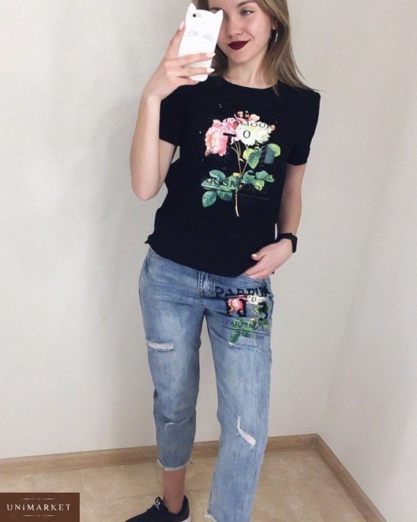 Приобрести дешево костюм женский: футболка + джинсы с принтом из коттона черный верх оптом Украина