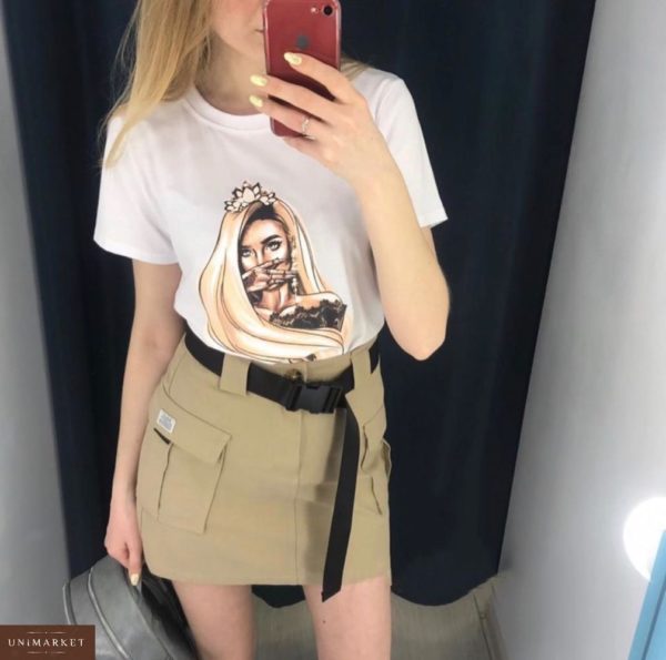 Купить в интернет-магазине юбку женскую с поясом и карманами накладными бежевого цвета недорого