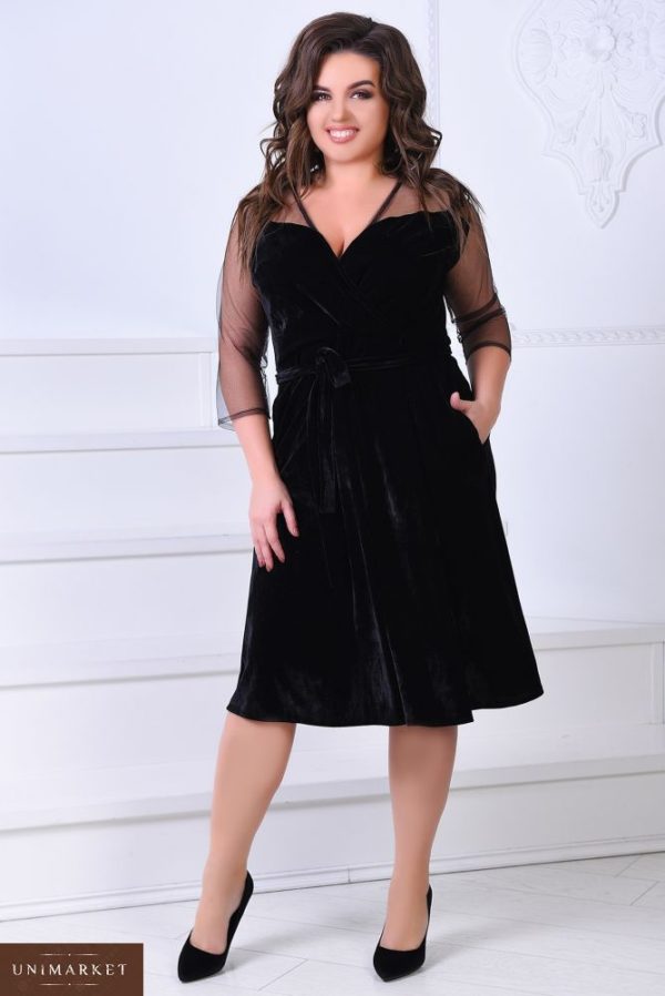Купить дешево женское платье - бархат муар рукав сеточка 3/4 больших размеров черного цвета недорого