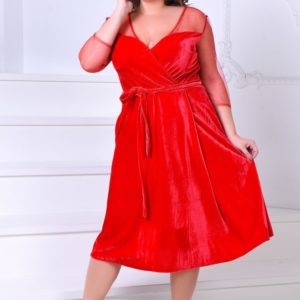 Заказать недорого женское платье - бархат муар сеточка рукав 3/4 больших размеров красного цвета в подарок