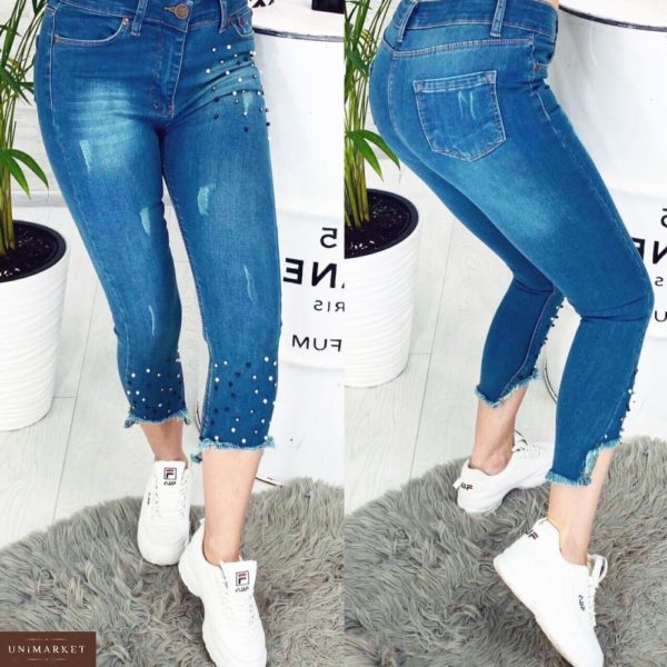 Купить дешево женские джинсы стрейч длина 7/8 рваный низ украшены бусинками голубого цвета больших размеров недорого