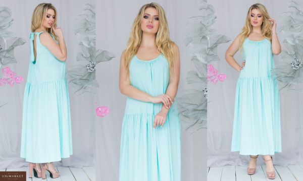 Заказать оптом женское платье с заниженной талией аквамаринового цвета с открытой спиной свободного кроя большого размера дешево