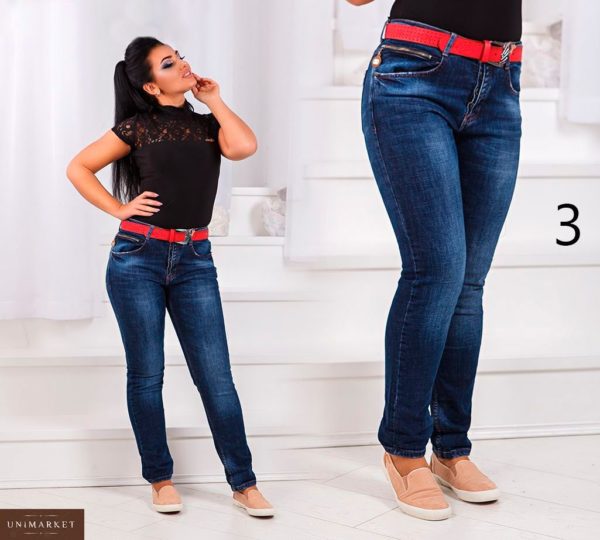 Заказать недорого джинсы женские классические под стрейч на бедрах ремень больших размеров в подарок