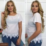 Придбати дешево жіночу футболку-батист на гумці з мереживом дорогим білого кольору великих розмірів оптом Україна
