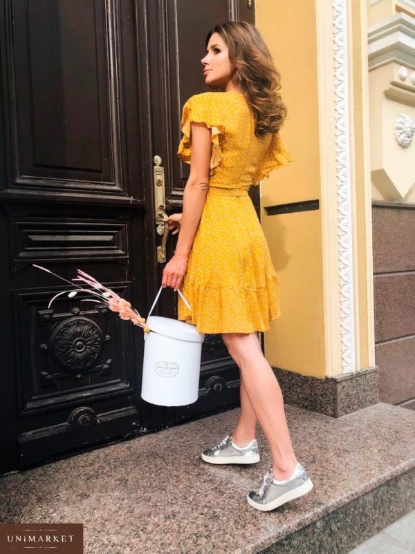 Приобрести дешево платье женское в горох мелкий горчичного цвета из штапеля оптом Украина