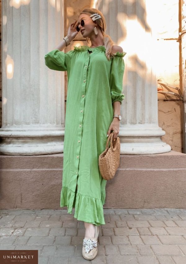 Приобрести в интернет-магазине длинное женское платье цвета зеленого из льна на пуговицах дешево