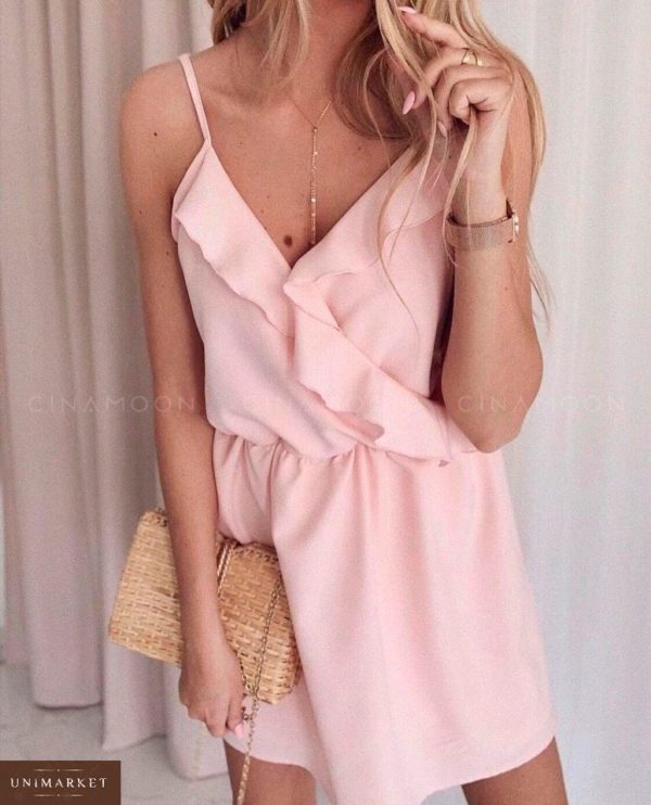 Приобрести дешево женское платье летнее на бретельках из супер софта с имитацией на запах розового цвета оптом Украина