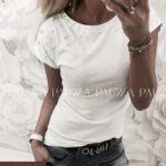 Купить дешево женскую белую футболку - рукав "японочка" бусинками орнамент большой размер недорого