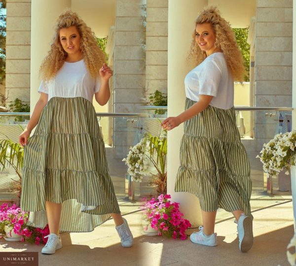 Придбати в подарунок жіночу лляну сукню розміру великого біло-оливкового кольору оптом Україна