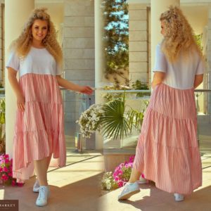 Купить дешево женское льняное платье большого размера бело-розового цвета недорого