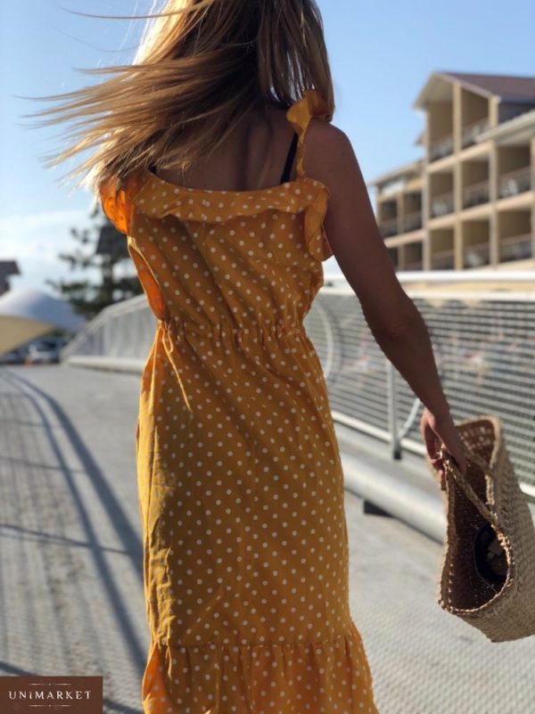 Приобрести в интернет-магазине женское миди - платье в горошек на бретельках цвета горчицы дешево