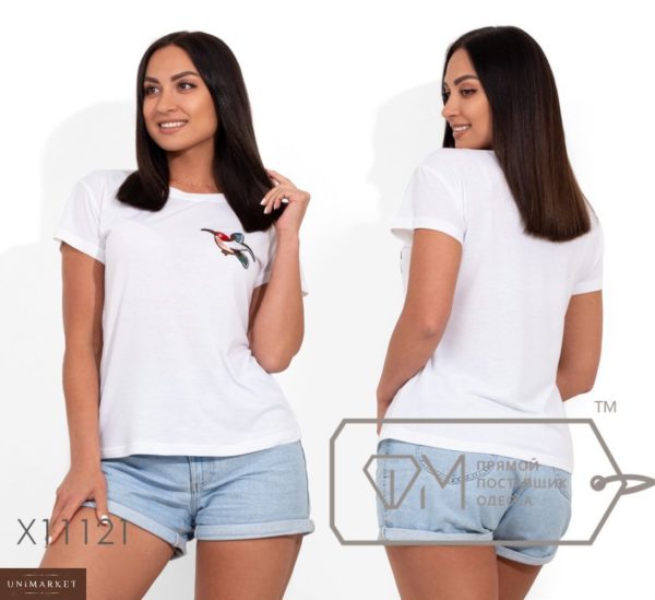 Заказать недорого женскую футболку вискоза с аппликацией колибри белого цвета больших размеров в подарок