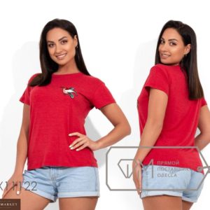 Придбати дешево футболку жіночу з аплікацією віскоза колібрі червоного кольору розмірів великих оптом Україна