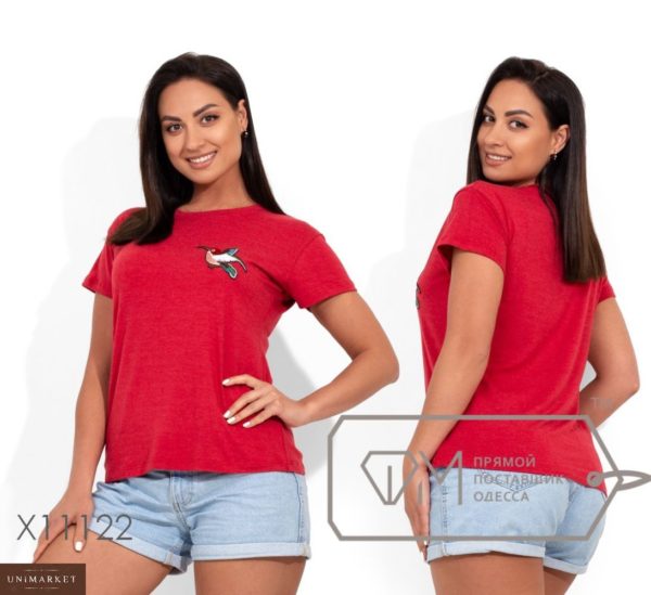 Придбати дешево футболку жіночу з аплікацією віскоза колібрі червоного кольору розмірів великих оптом Україна