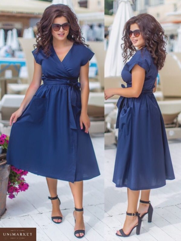 Заказать недорого женское элегантное батал платье на лето синего цвета больших размеров в подарок