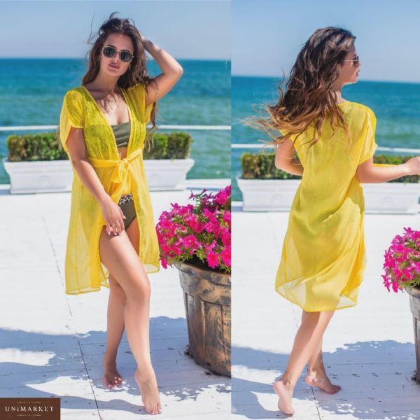 Приобрести в подарок женскую тунику летнюю яркую с красивым принтом желтого цвета больших размеров оптом Украина