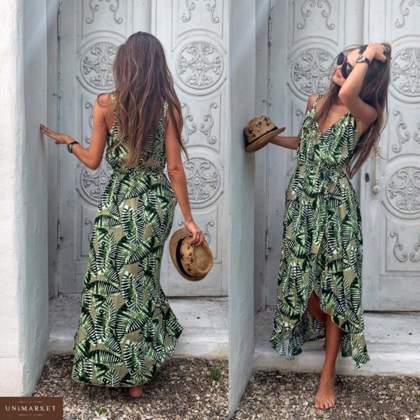 Приобрести дешево длинное женское платье с разрезом из штапеля хаки+листья цвета оптом Украина