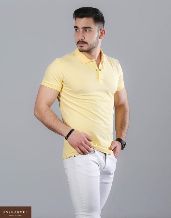 Замовити оптом чоловічу сорочку - футболку поло котон-стрейч жовтого кольору великих розмірів недорого