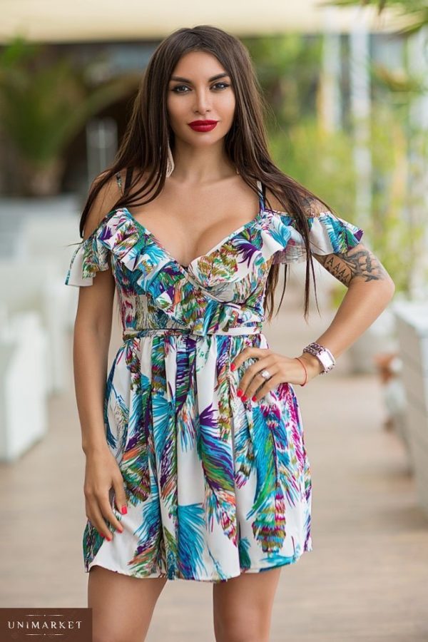Заказать в подарок женское платье на бретелях украшено воланами цвет берюзовых перьев больших размеров оптом Украина