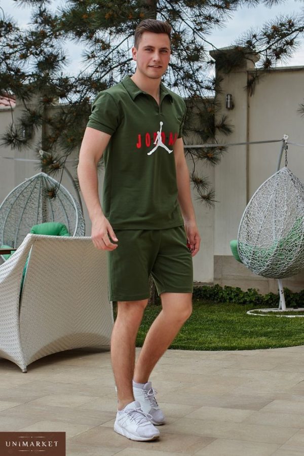 Приобрести в подарок мужской футболка костюм с шортами с надписью Jordan цвета хаки больших размеров оптом Украина