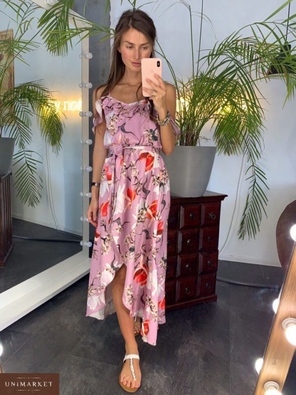 Приобрести дешево женское платье длинное с оборками на бретелях лилового цвета оптом Украина