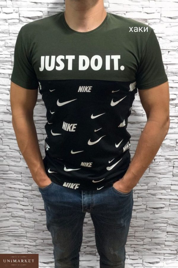 Купить дешево футболку мужскую Nike Just do it коттоновую турция цвет хаки-черный больших размеров недорого