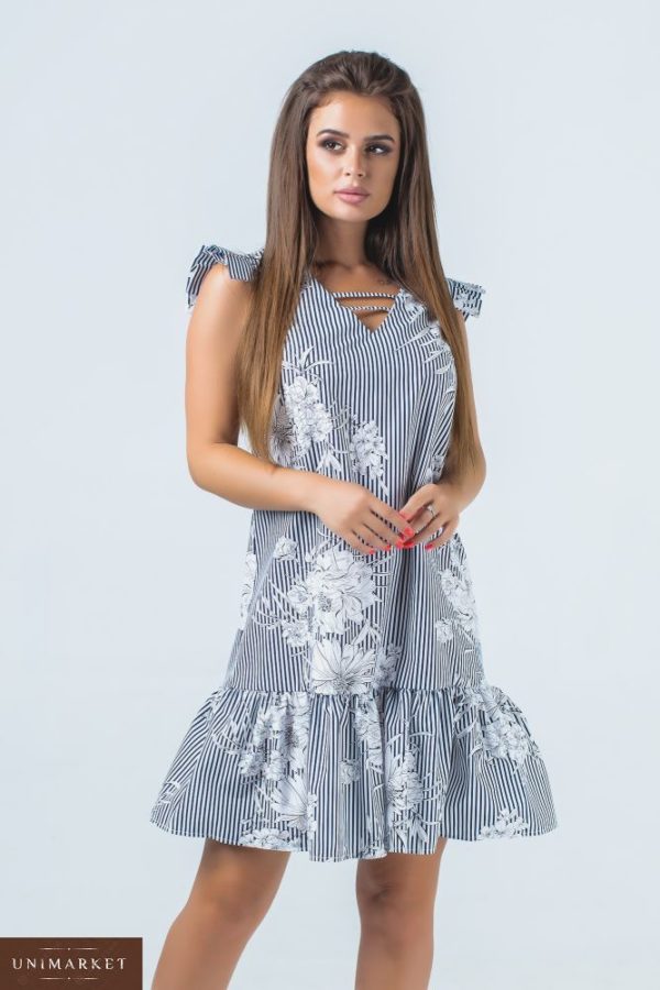Приобрести дешево женское платье летнее с оборкой в полоску черно-белую из софта оптом Украина