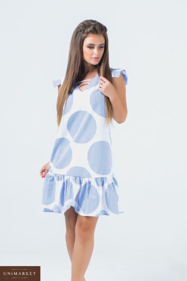 Купити в інтернет-магазині жіноче з воланом літнє плаття в смужку біло-блакитну з софта недорого