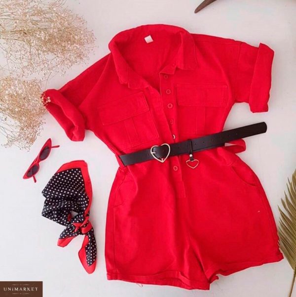 Купить в интернет-магазине комбинезон женский из коттона с шортами красного цвета недорого