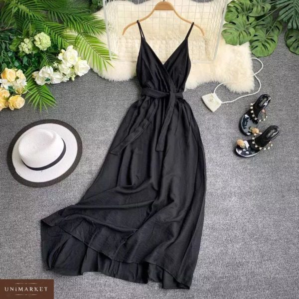 Купити недорого жіноче плаття з поясом сарафан чорного кольору великих розмірів в подарунок