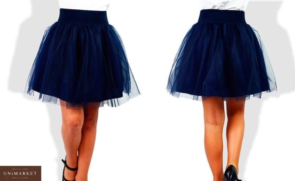 Приобрести недорого юбку детскую школьную двойная с фатином для девочек синего цвета оптом Украина