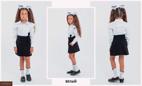 Приобрести недорого детскую школьную блузку на пуговицах белую с рукавом длинным для девочек дешево