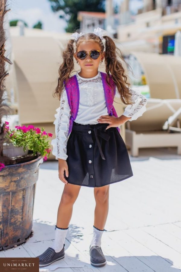 Заказать в подарок детскую юбку на пуговицах школьную легкую для девочек цвета черного недорого