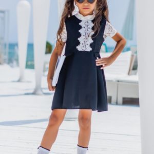 Приобрести недорого детское школьное платье с коротким рукавом из габардина для девочек синего цвета дешево
