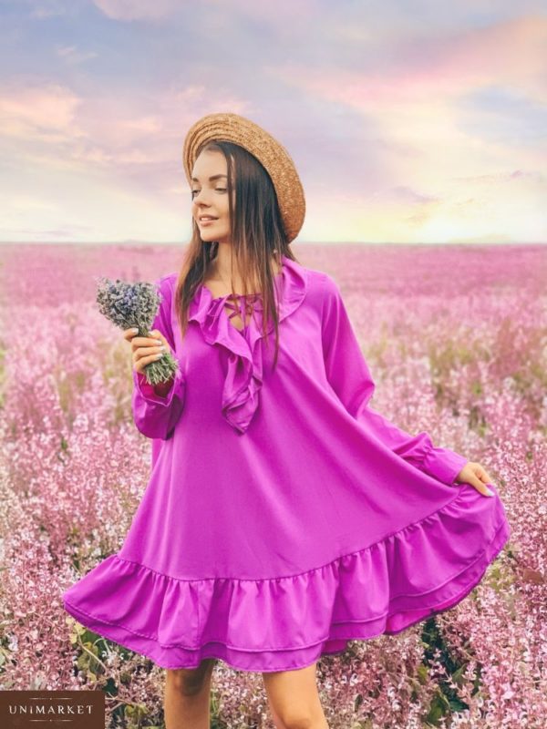Придбати недорого жіноче плаття кольору фуксія з оборками вільного крою великих розмірів дешево
