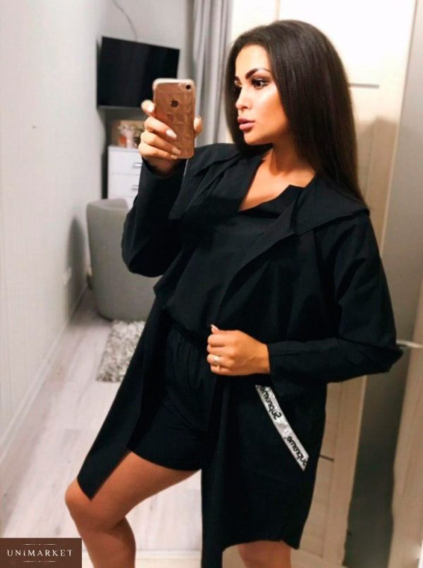 Замовити в подарунок жіночий костюм трійка обробка тасьма чорного кольору великих розмірів оптом Україна