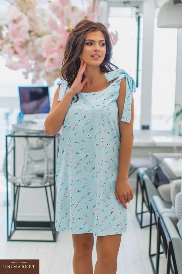 Приобрести в интернет-магазине женское на завязках платье с мелким принтом цвета голубого размеров больших дешево