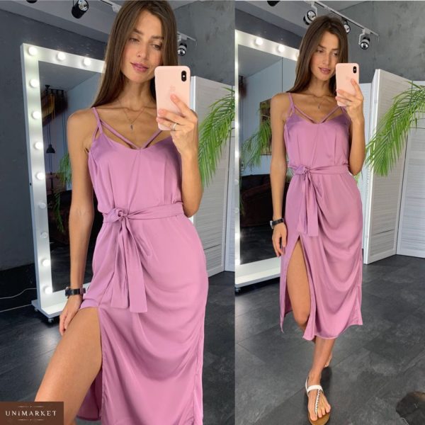 Заказать недорого женское шелковое платье с разрезом и поясом лилового цвета в подарок