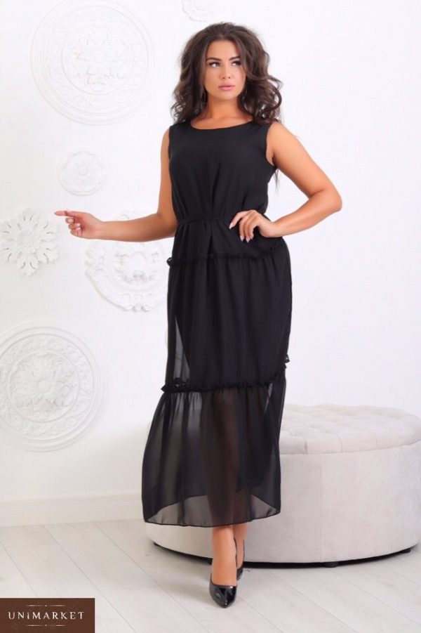 Замовити в подарунок жіночу сукню на підкладці чорне тканину шифон великих розмірів оптом Україна