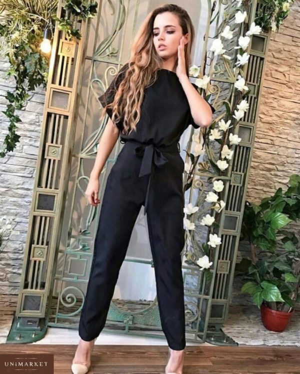 Приобрести в интернет-магазине женский супер комбинезон удобный талия на резинке по бокам карманы цвет черный размеров больших дешево
