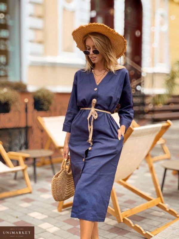 Приобрести дешево женское миди платье с поясом из льна и на пуговицах синего цвета оптом Украина