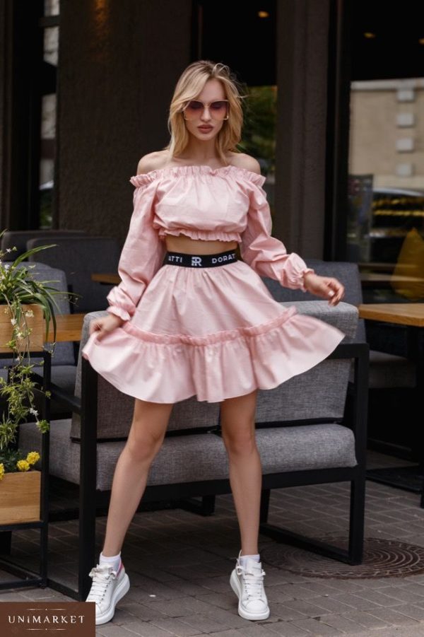 Купить в интернет-магазине женский стильный костюм (юбка + топ) в стиле прованс из хлопка цвета пудры недорого