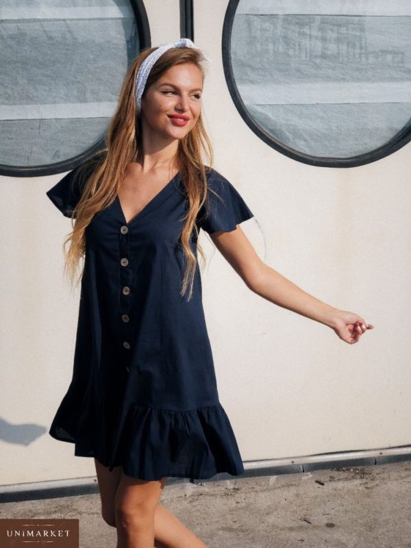 Купить в интернет-магазине женское с деревянными пуговицами платье из тонкого хлопка темно-синего цвета недорого