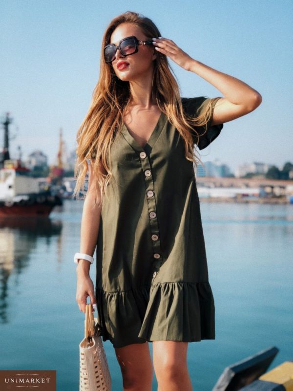 Приобрести дешево женское из тонкого хлопка платье с пуговицами деревянными цвета хаки оптом Украина