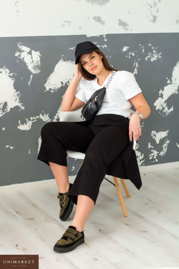 Замовити в подарунок жіночі чорні брюки - кюлоти з басками оптом Україна