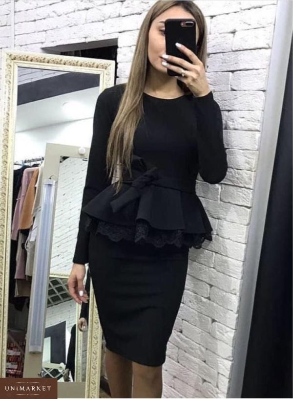 Заказать в интернет-магазине женский костюм из французского трикотажа, итальянское дорогое кружево цвета черного больших размеров дешево