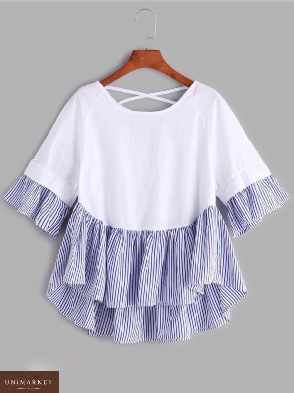 Придбати дешево жіночу з софта блузу білого кольору + смужка блакитна великих розмірів недорого