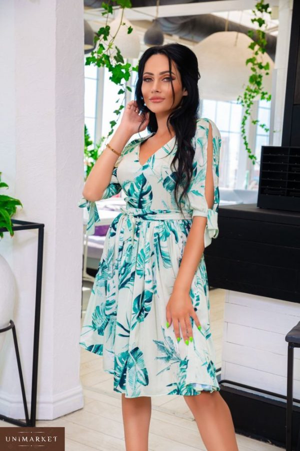 Замовити в інтернет-магазині жіночу сукню принт листя з софта колір оливка батал дешево